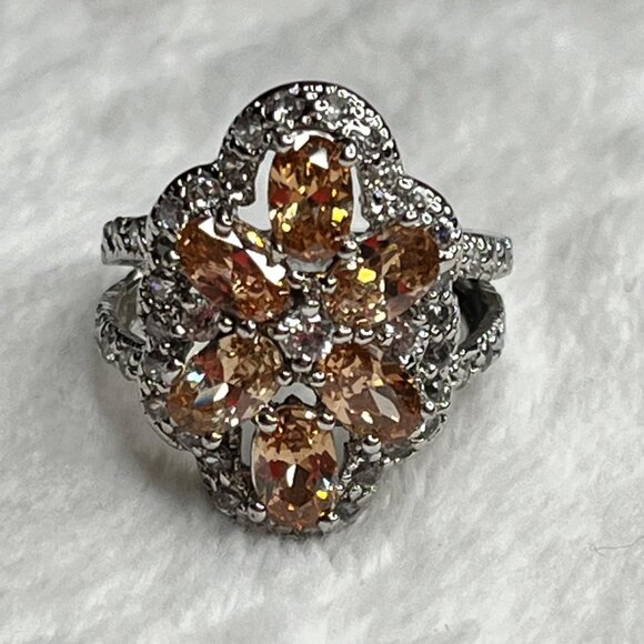 Floral Cluster Ring With Orange & Clear Gemstones In Silver Setting size 6 - Picture 4 of 8